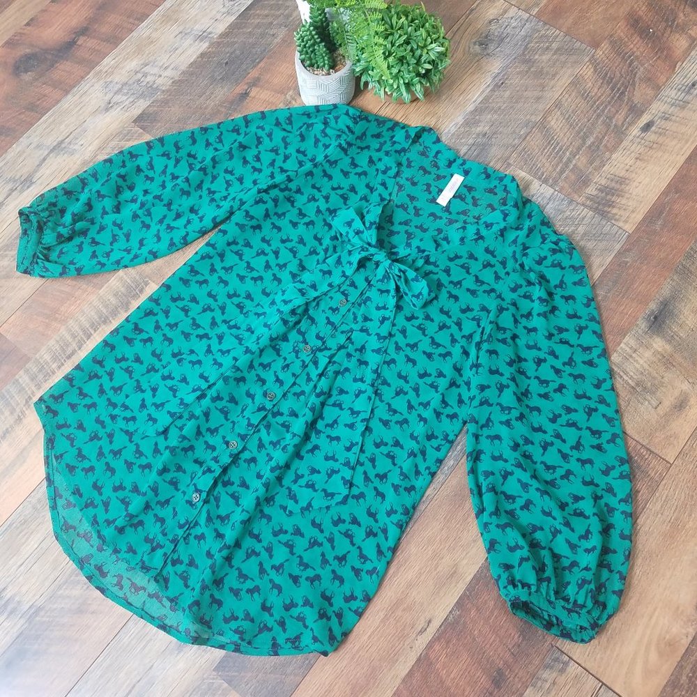 Xhilaration Green/Navy Sheer Horse Print Blouse